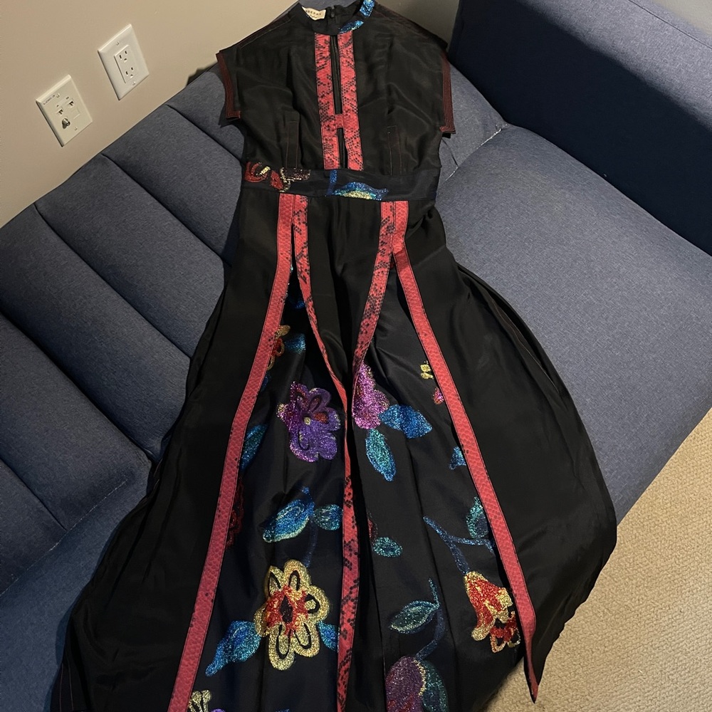 Burberry Silk Prom black dress maxi with floral glitter hems